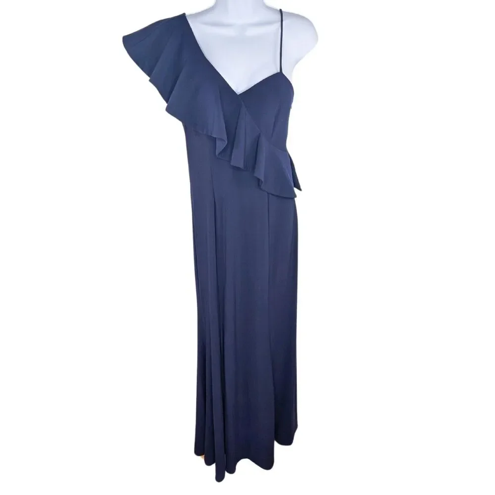 Xscape Elegant Navy Asymmetrical Ruffle Maxi Evening Gown Size 6 Wedding Event